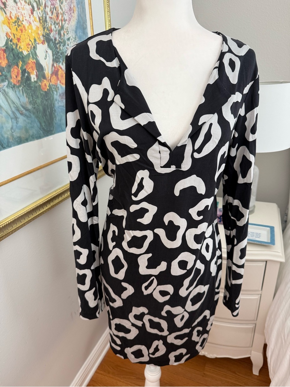 Diane Von Furstenberg Black and White Abstract Animal Print Maxi Dress